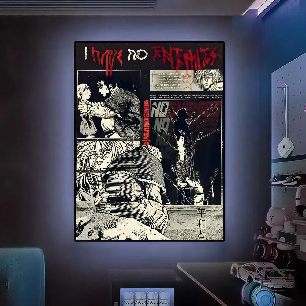 Black and white vinland saga comic-style poster with red text i have no enemies waterproof self-adhesive wall art