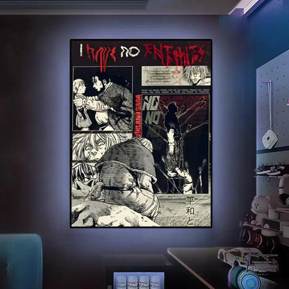 Black and white vinland saga comic-style poster with red text i have no enemies waterproof self-adhesive wall art