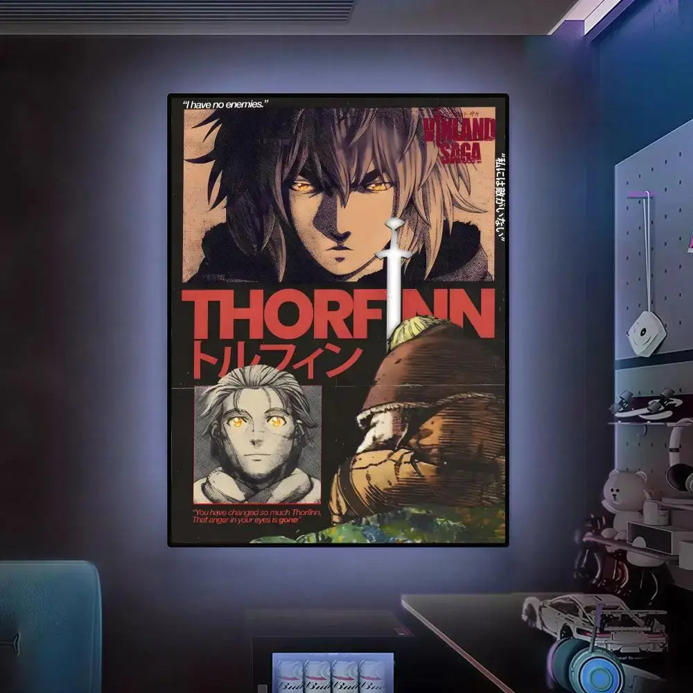 A vinland saga wall art poster featuring thorfinn with bold red lettering and a stylized sword design in a waterproof frame