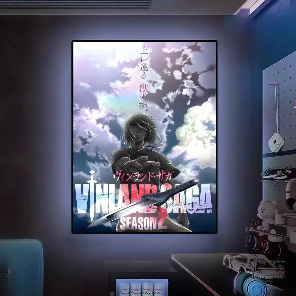 Vinland saga season 2 wall art poster featuring a light-haired character with sword on cloudy sky in black frame