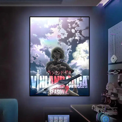 Vinland saga season 2 wall art poster featuring a light-haired character with sword on cloudy sky in black frame