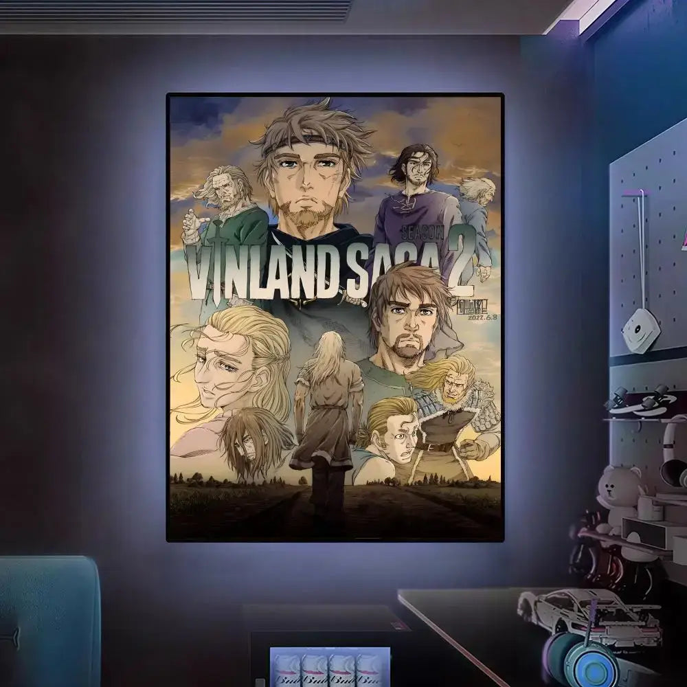 Vinland saga poster with dynamic characters in warm tones featuring bold white lettering for vibrant wall art display