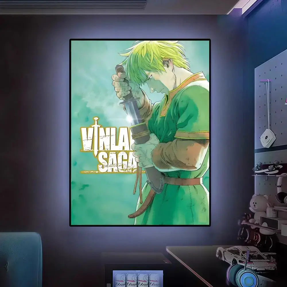 A framed vinland saga wall art poster with a green-haired character on a teal background in hd waterproof material