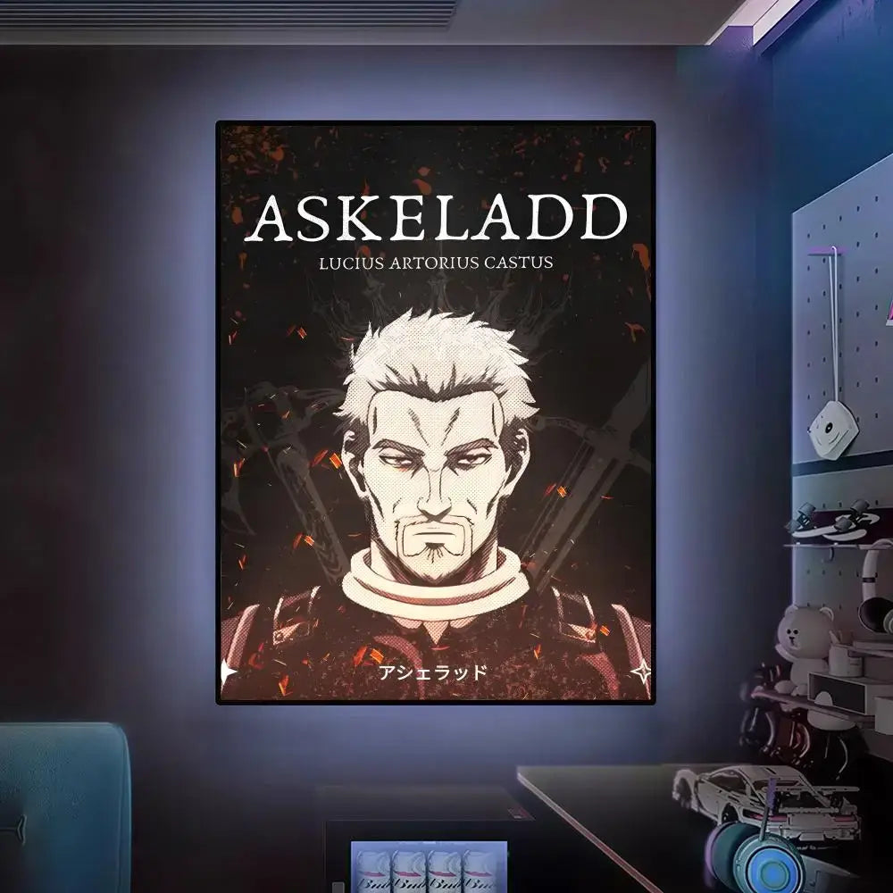 A framed illuminated vinland saga wall art poster featuring askeladd from the witcher series in hd waterproof material