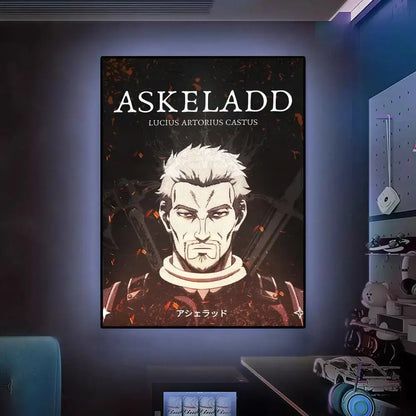 A framed illuminated vinland saga wall art poster featuring askeladd from the witcher series in hd waterproof material