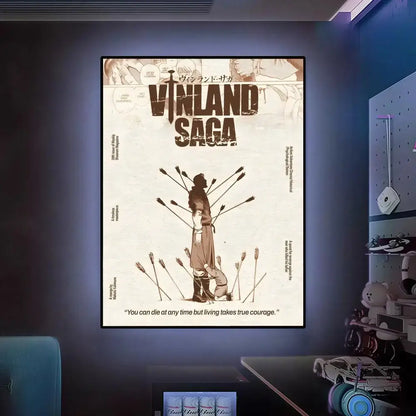 A framed vinland saga anime poster featuring sepia-toned wall art with bold black lettering and japanese text