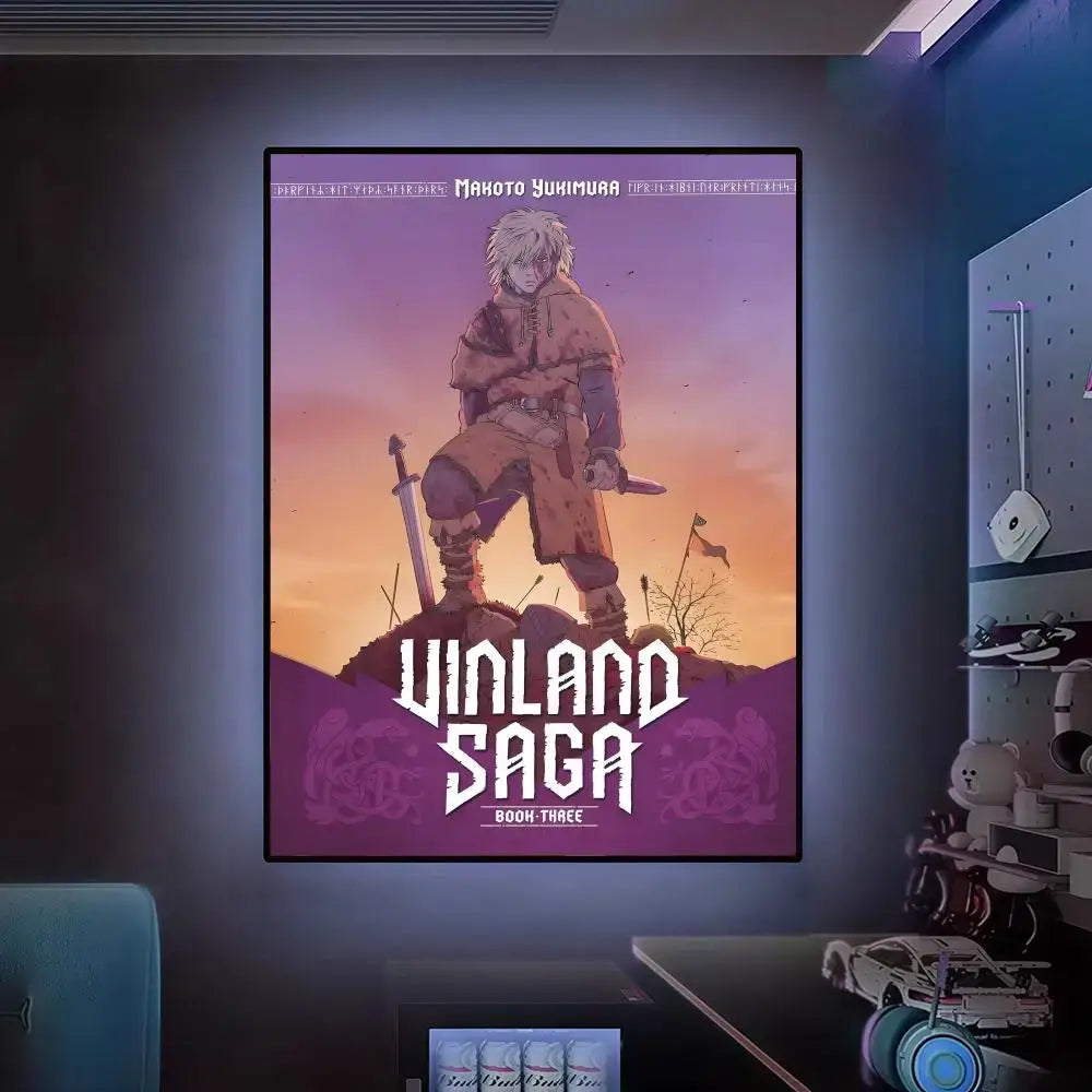 A vinland saga framed poster featuring a character on rocky terrain at sunset in hd waterproof self-adhesive wall art