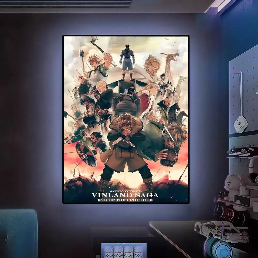 A framed vinland saga poster featuring dynamic action scenes and a dramatic sky backdrop for wall art display