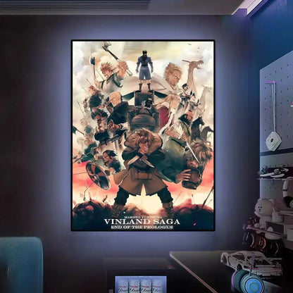 A framed vinland saga poster featuring dynamic action scenes and a dramatic sky backdrop for wall art display