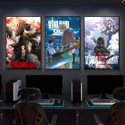 Three framed vinland saga wall art posters with vibrant artwork and bold red and blue text for home decor