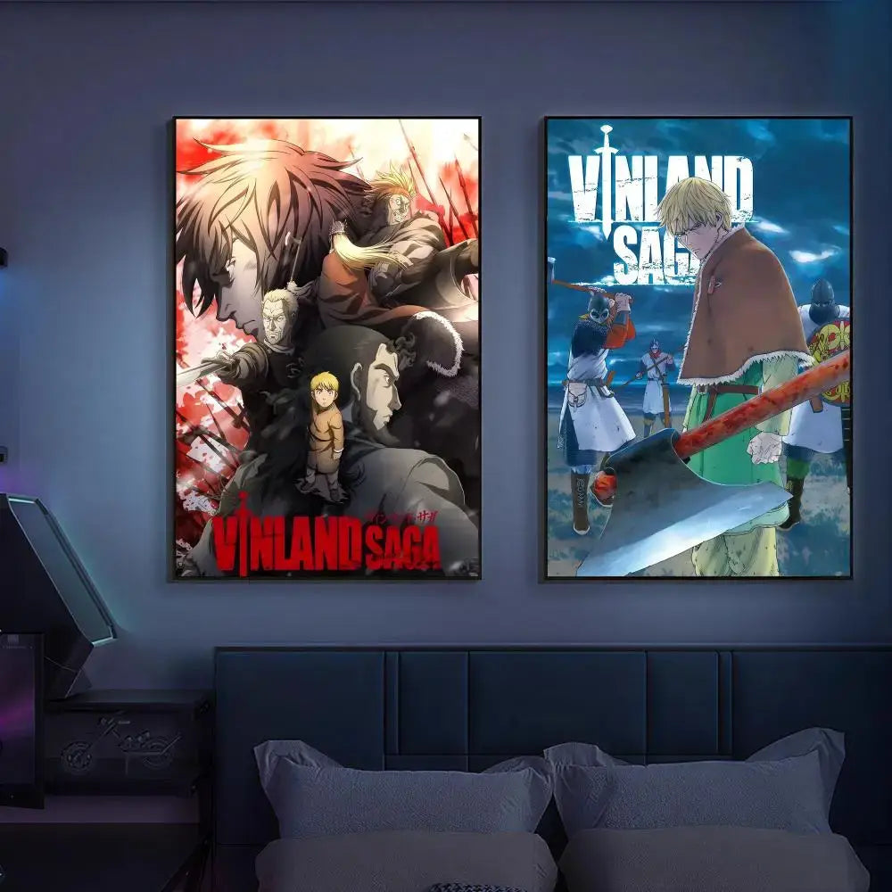 Two framed vinland saga anime posters as hd waterproof self-adhesive wall art hanging on a dark blue wall above a bed