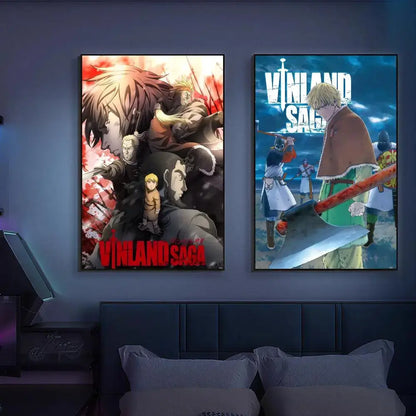 Two framed vinland saga anime posters as hd waterproof self-adhesive wall art hanging on a dark blue wall above a bed