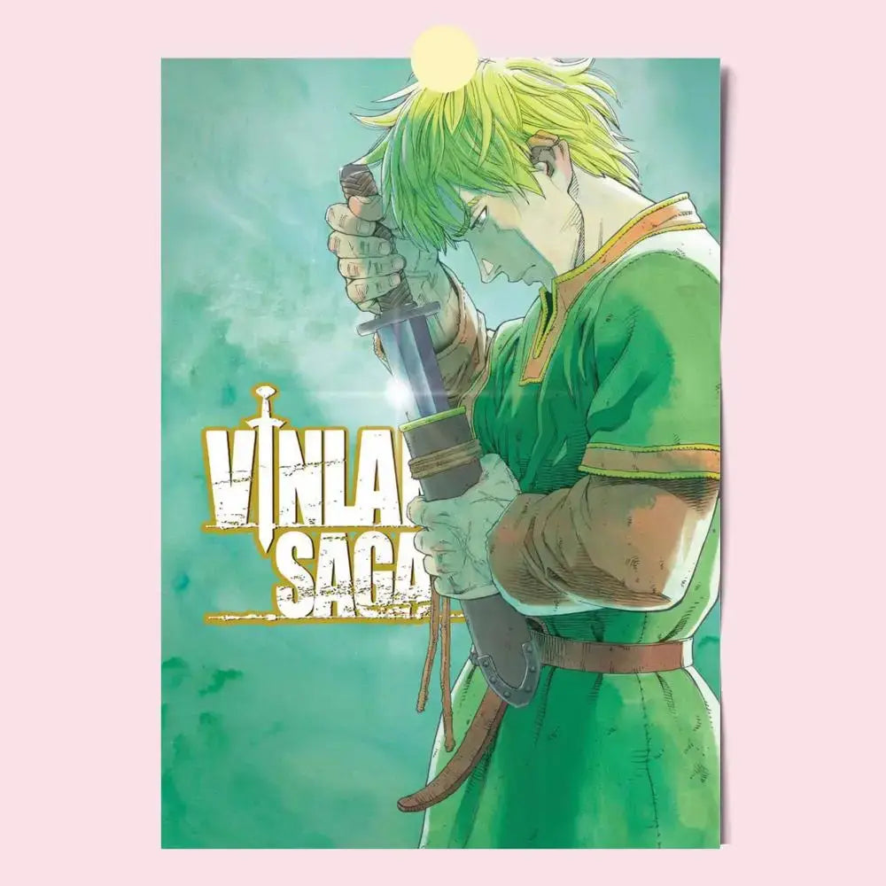 Vinland saga poster featuring a green-haired anime character in a green tunic holding a sword with brown hilt and scabbard