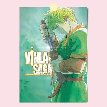 Vinland saga poster featuring a green-haired anime character in a green tunic holding a sword with brown hilt and scabbard