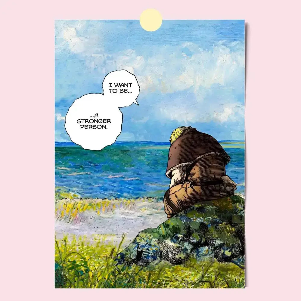 Vinland saga poster hd waterproof self-stick featuring a blonde figure in a brown cloak by the sea under bright sun