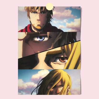 Vinland saga poster featuring four anime close-up portraits with expressive eyes and vibrant hair against a soft sky background