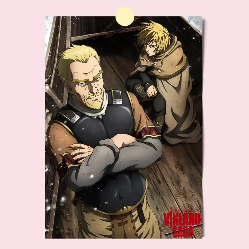 Vinland saga poster featuring two characters on a snowy wooden ship deck in dark armor tan clothing waterproof self-stick