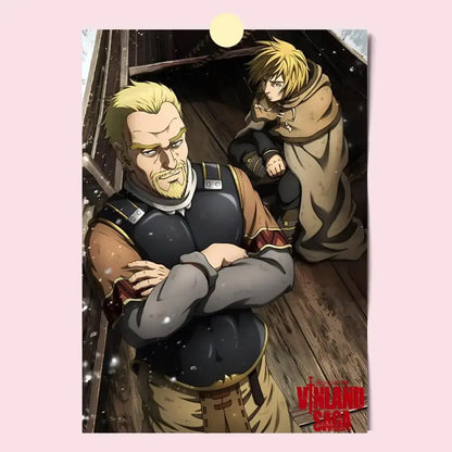 Vinland saga poster featuring two characters on a snowy wooden ship deck in dark armor tan clothing waterproof self-stick