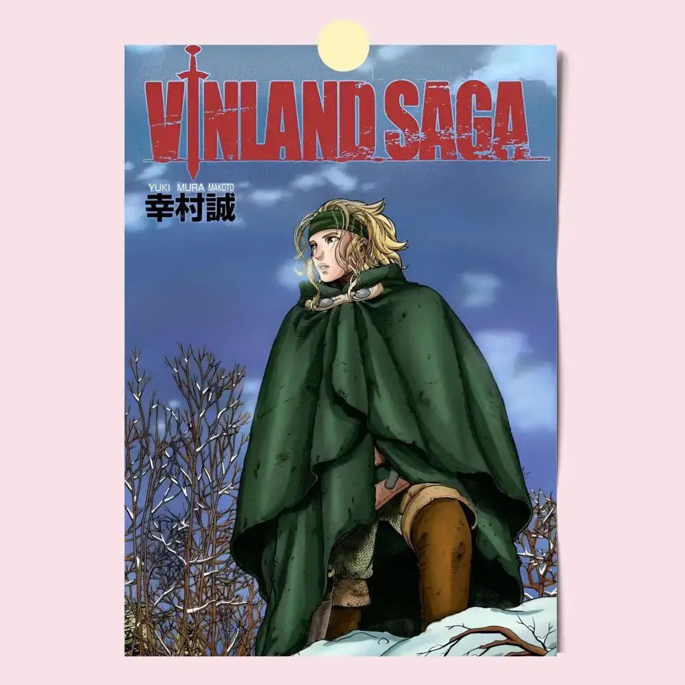 Vinland saga poster hd waterproof self-stick poster featuring a character in a dark green cloak against a snowy sky