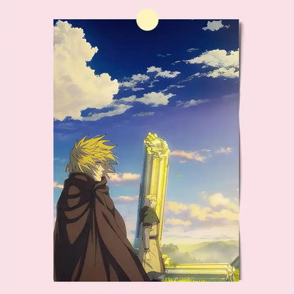 Vinland saga poster featuring anime character with spiky blonde hair in dark cloak by golden pillar under blue sky hd waterproof self-stick