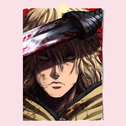 Vinland saga poster hd featuring a blood-stained sword with a black textured hilt on an anime character’s forehead