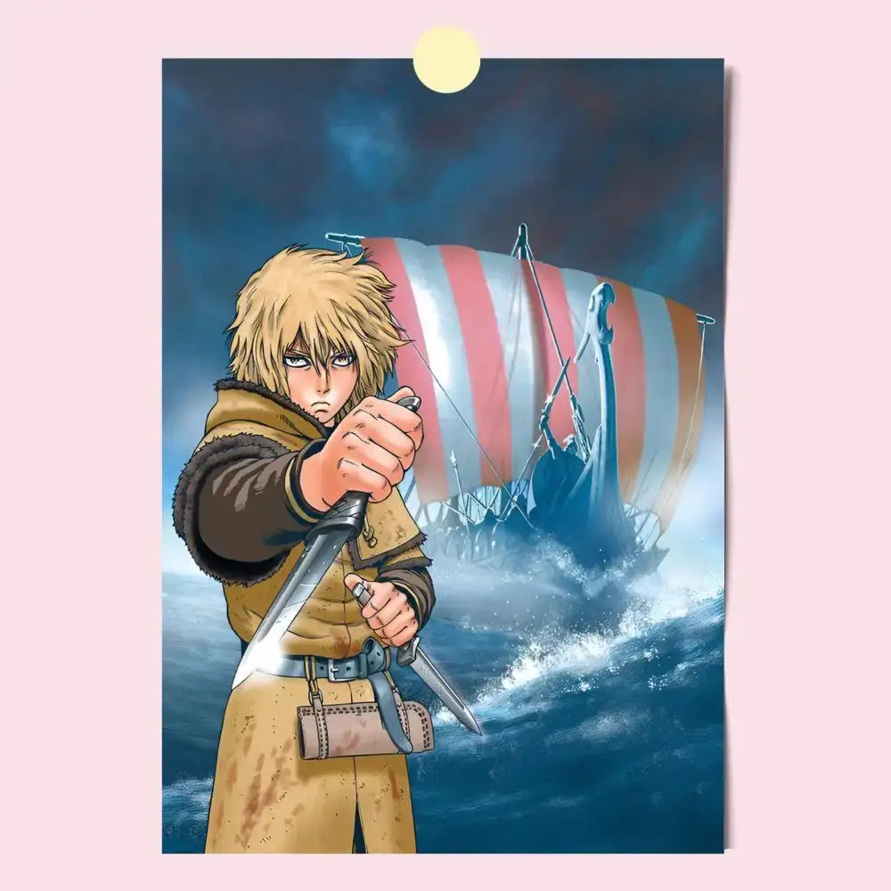 Vinland saga poster featuring a blonde warrior in tan attire with a red and white longship under a full moon, hd waterproof self-stick