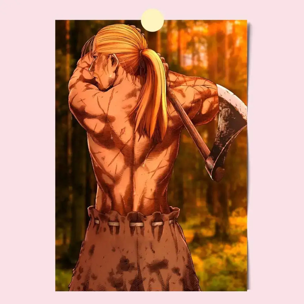 Vinland saga hd waterproof self-stick poster showing a muscular blonde character with scarred back holding an axe in autumn forest
