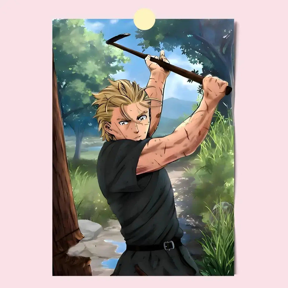 Anime-style vinland saga poster hd waterproof self-stick featuring muscular blonde character with tool in green forest