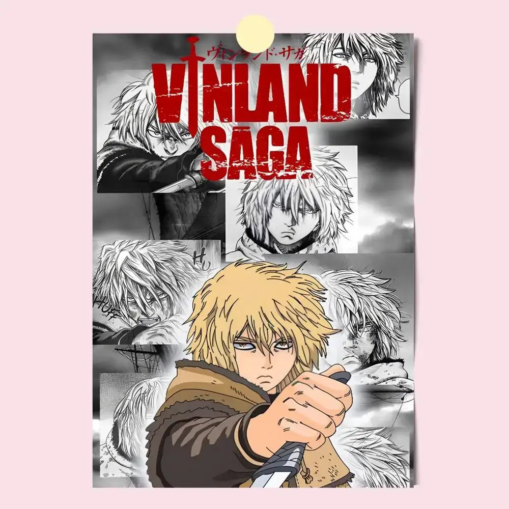 Black-and-white vinland saga manga poster with bold red title and blonde medieval character holding a sword, self-stick waterproof