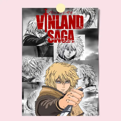 Black-and-white vinland saga manga poster with bold red title and blonde medieval character holding a sword, self-stick waterproof