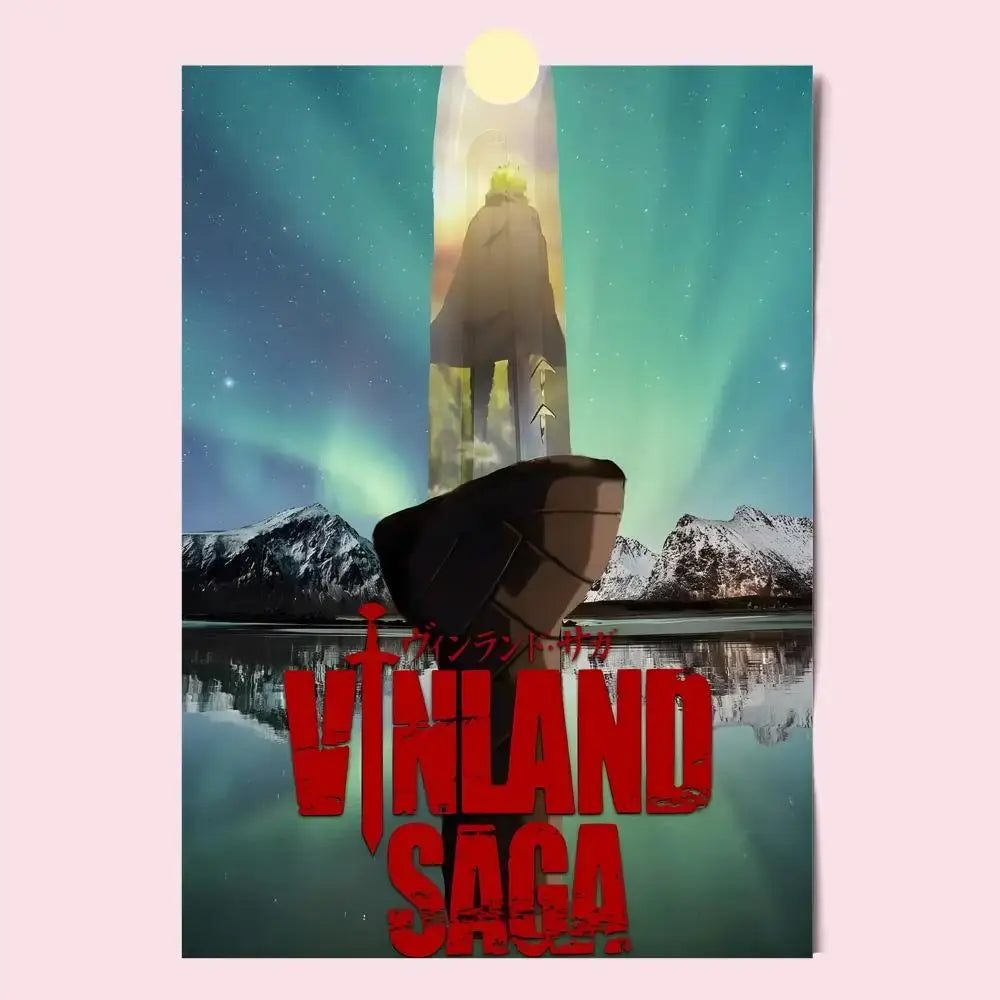 Vinland saga poster hd waterproof self-stick featuring a lone figure under an aurora with bold red lettering and japanese text