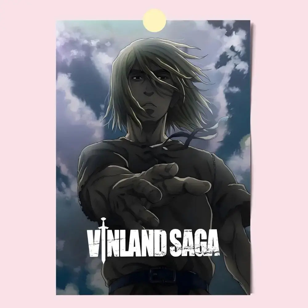 Vinland saga poster featuring a character with silver hair in dark clothes against stormy sky hd waterproof self-stick