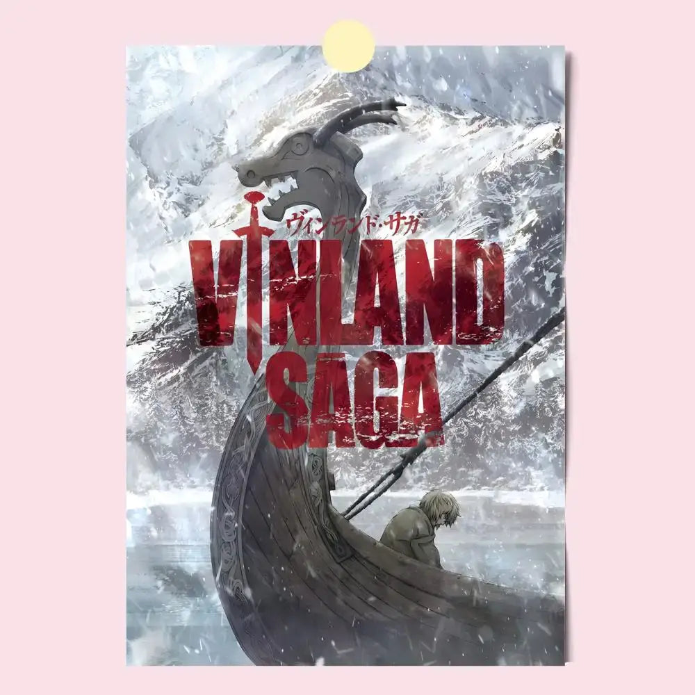 Vinland saga poster hd waterproof self-stick featuring a dark dragon-headed viking ship in stormy gray waters with red lettering