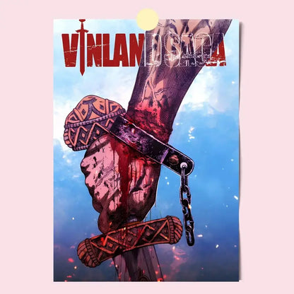 Vinland saga poster featuring a tattooed arm gripping a bloodied sword with ornate hilt against blue sky background