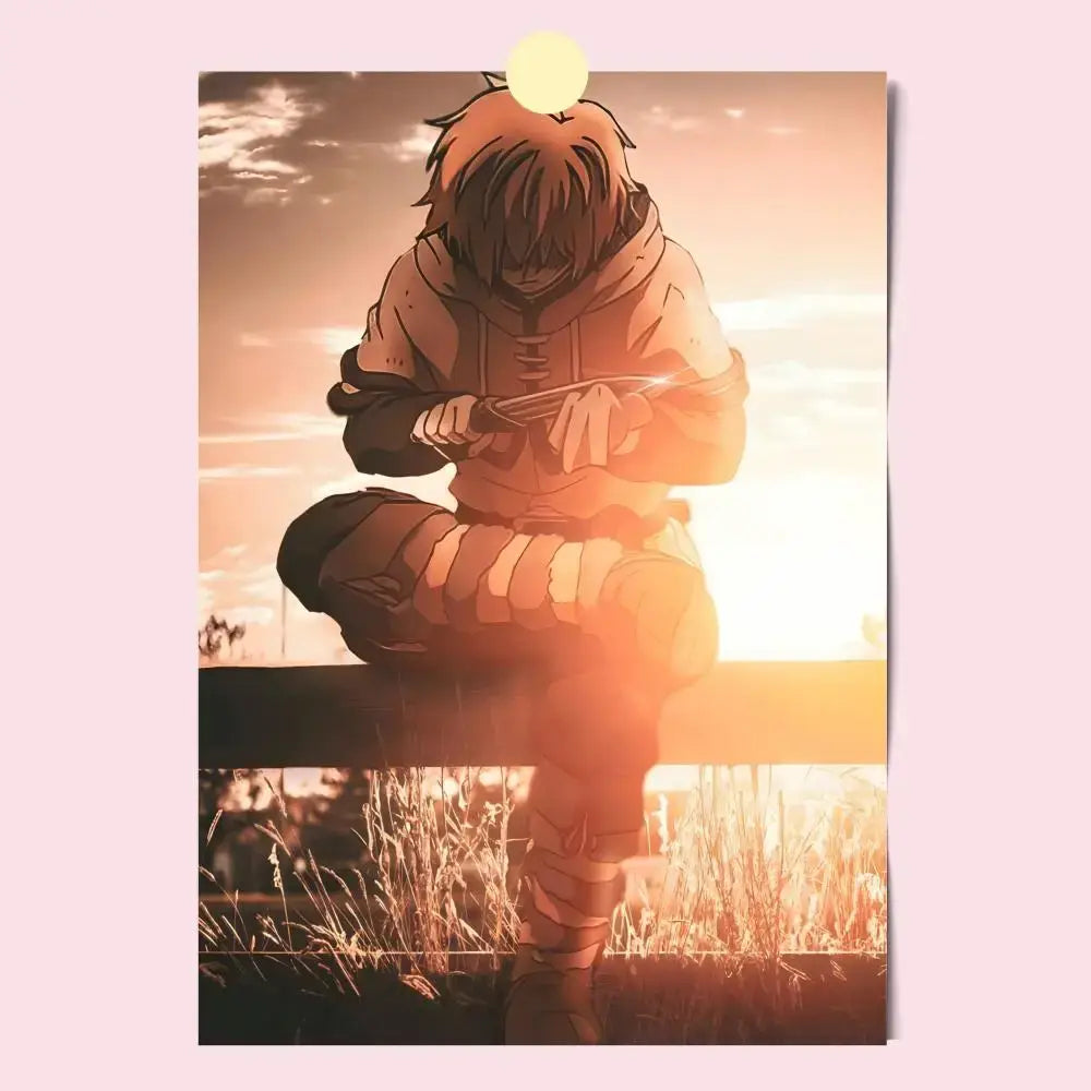 Anime-style vinland saga poster featuring a character in brown and black hooded attire on a bench at sunset