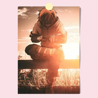 Anime-style vinland saga poster featuring a character in brown and black hooded attire on a bench at sunset