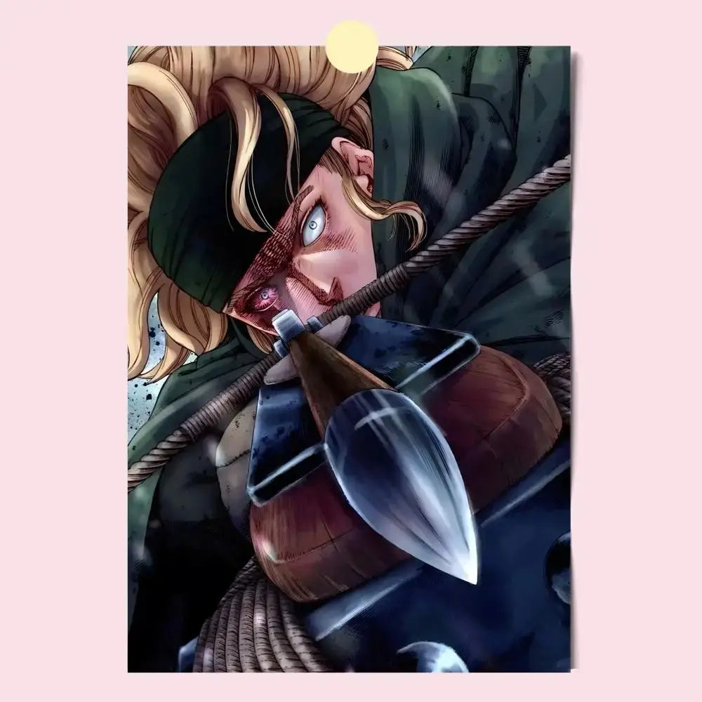 Vinland saga poster featuring detailed anime-style illustration of blonde character with green hat holding arrow in mouth
