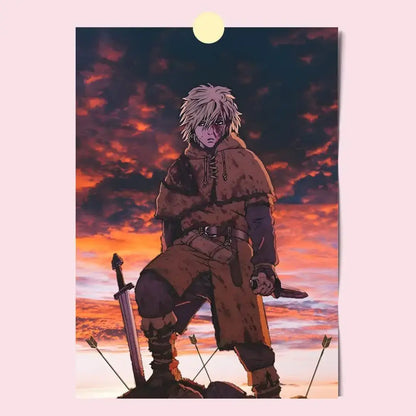 Vinland saga poster featuring a white-haired anime warrior in brown fur-lined armor holding a sword against sunset sky