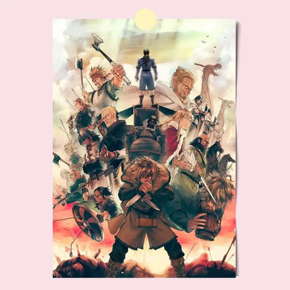 Vinland saga poster hd waterproof self-stick featuring vibrant anime warriors and mythical creatures against a fiery sky