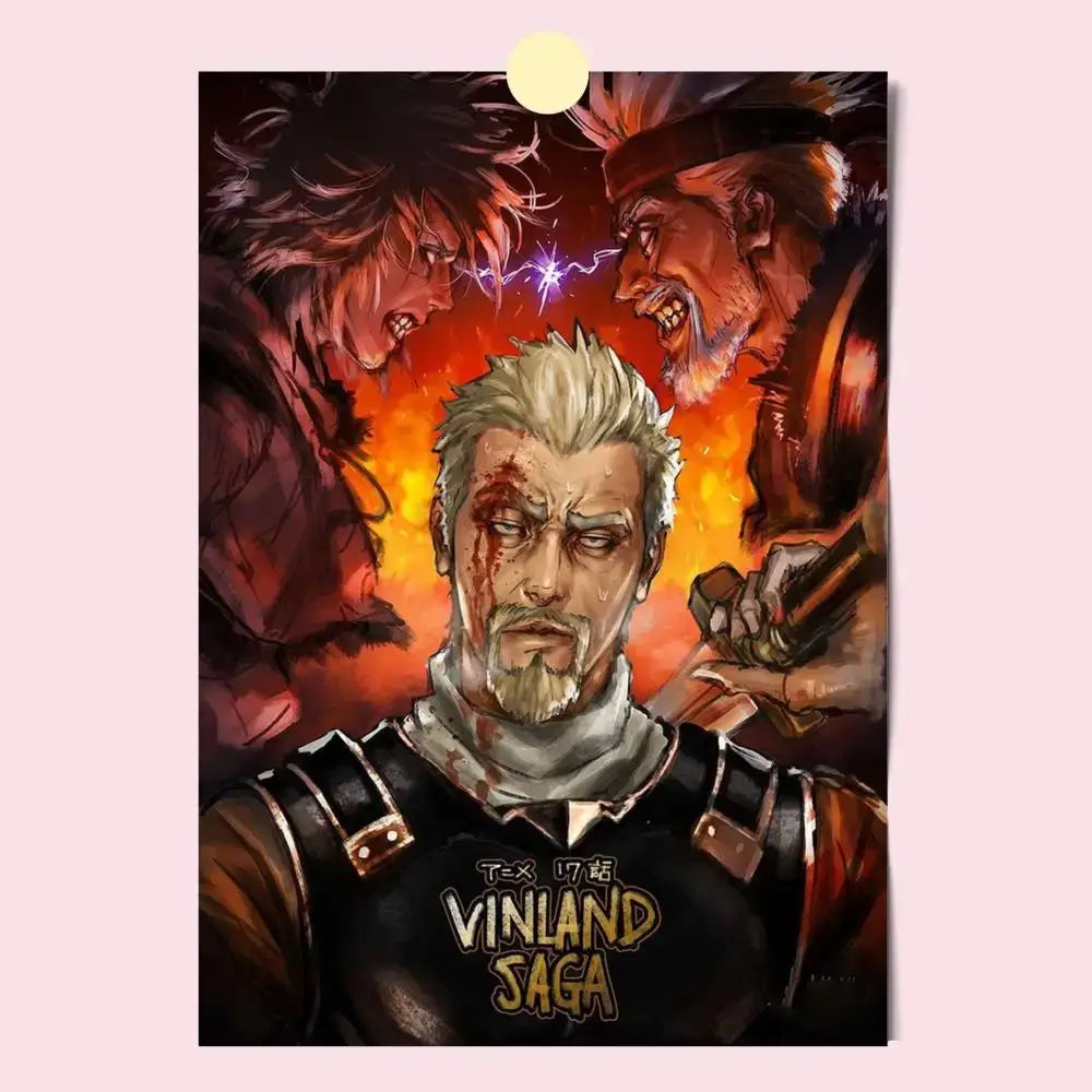 Vinland saga poster hd waterproof self-stick featuring central white-haired character flanked by fiery adversaries