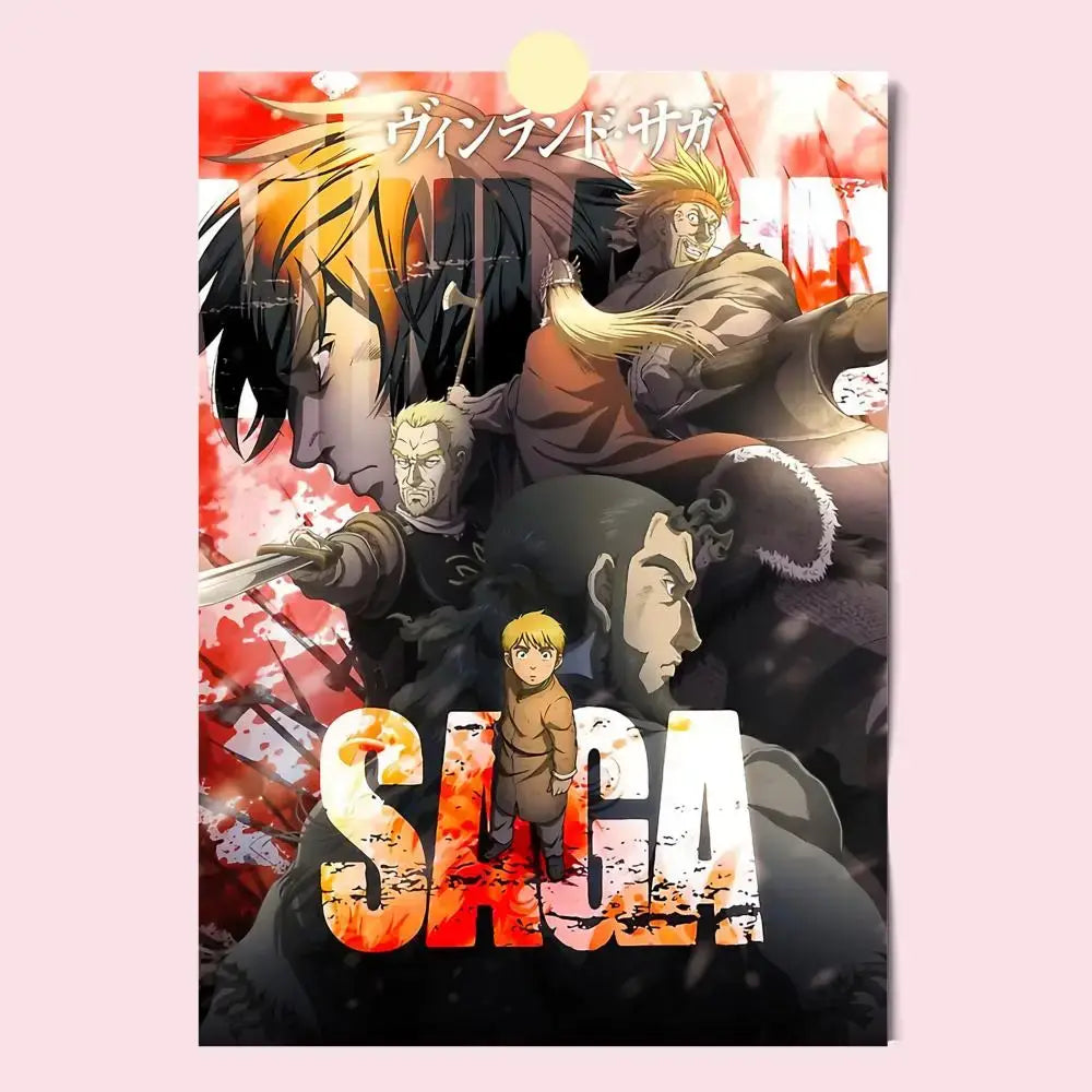 Vibrant vinland saga poster hd waterproof self-stick featuring bold red and orange fiery anime characters in dynamic poses