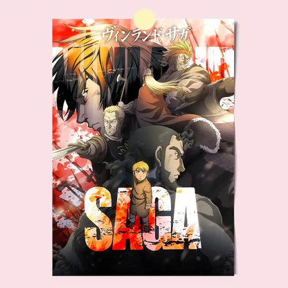 Vibrant vinland saga poster hd waterproof self-stick featuring bold red and orange fiery anime characters in dynamic poses