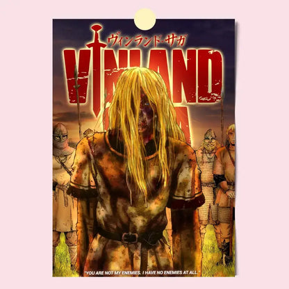 Vinland saga poster hd waterproof self-stick featuring a central figure with long blonde hair in battle-worn armor