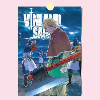 Vinland saga poster featuring a blonde character with a blood-stained axe on a dark blue sky in hd waterproof self-stick material