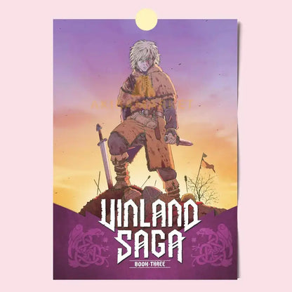 Vinland saga poster hd waterproof self-stick featuring stylized protagonist in earth-toned medieval attire at sunset