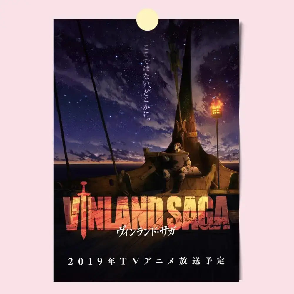Vinland saga poster hd waterproof self-stick featuring a lone figure on a ship under starry night sky with bold title