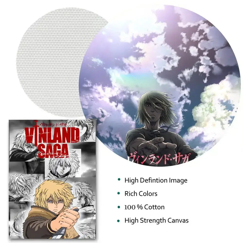 Vinland saga poster featuring vibrant anime character with light hair on circular 100 percent cotton canvas against sky