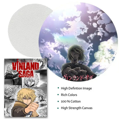 Vinland saga poster featuring vibrant anime character with light hair on circular 100 percent cotton canvas against sky