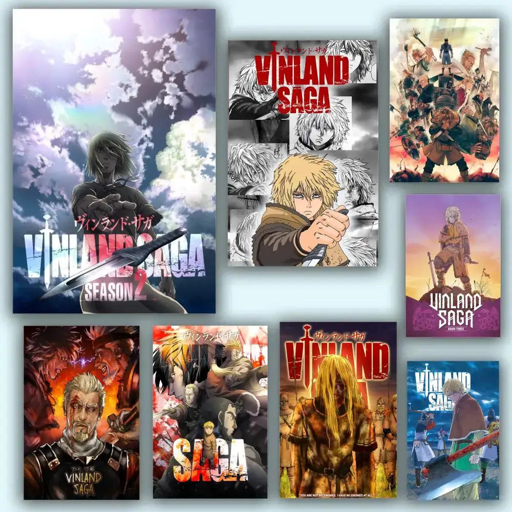 Collection of vinland saga anime posters featuring dynamic artwork with bold red and black text on waterproof self-stick material
