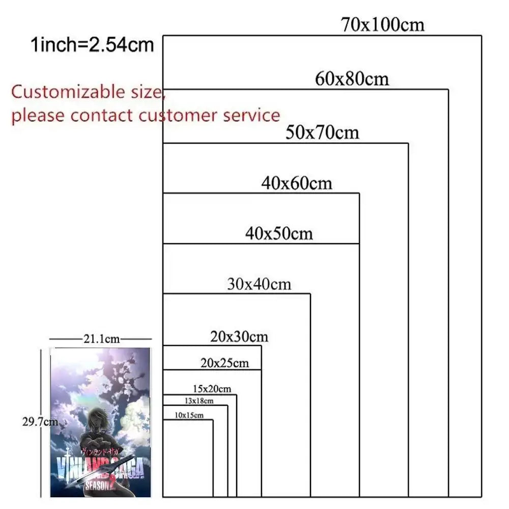 Customizable-sized vinland saga anime poster in vibrant purple and blue hues printed on glossy self-stick paper